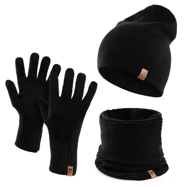 HEYO Herren Wintermütze Schlauchschal Handschuhe 3 teiliges Set | Warme Winter Mütze Schal Winterhandschuhe Schwarz HZ0006 (Schwarz)