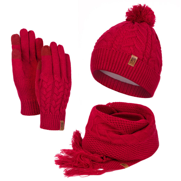 HEYO Damen Mütze Schal Winter Set | Gefütterte Strickmütze mit Bommel | Winterschal mit Fransen | Touchscreen Handschuhe (Weinrot)