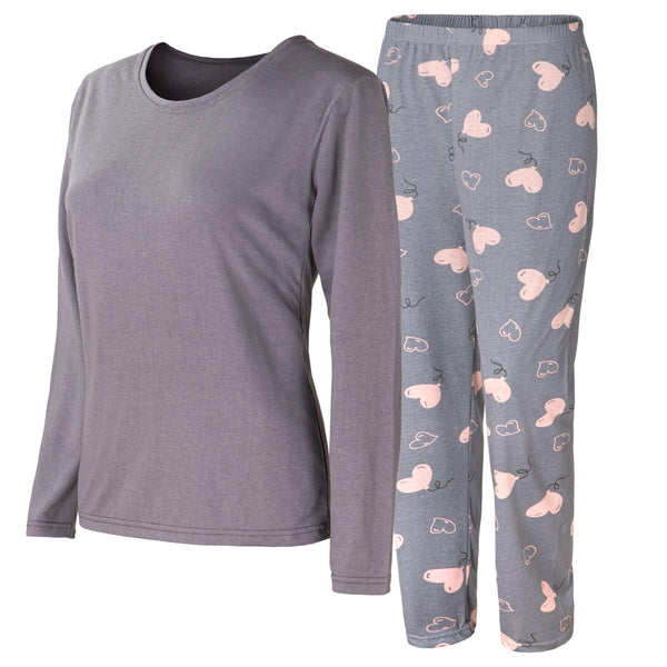 HEYO Schlafanzug Damen Lang Pyjama aus Baumwolle Zweiteiliges Set Langarm Shirt Lange Pyjamahose HPD04 (DE/NL/SE/PL, Alphanumerisch, M, Regular, Regular, Grau - Herzen)