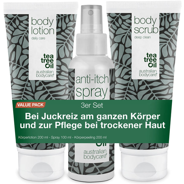 3er–Paket bei Juckreiz am ganzen Körper | Beruhigende Produkte bei gereizter Haut | Pflege bei trockener Haut, Ausschlag und anderen Irritationen | Seife 200 ml, Creme 200 ml und Spray 100 ml