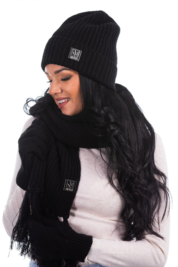 HEYO Damen Mütze Schal Handschuhe Set für Winter, Beanie Strickmütze warm, Winterschal mit Fransen HZ0015 (Schwarz)