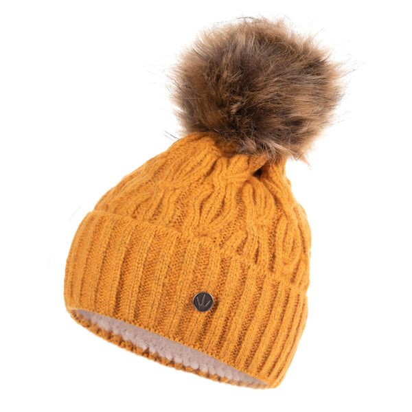 HEYO Damen Mütze für Winter | Fleece Futter | Strickmütze Warme Beanie | Wintermütze mit Bommel H22510 (Senfgelb)