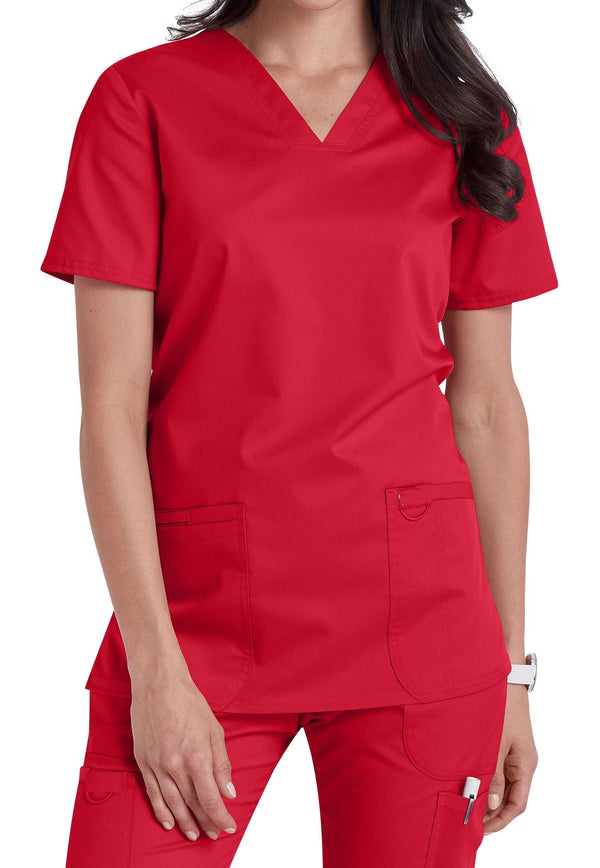 CARE SMART UNIFORM Oberteil mit V-Ausschnitt und Abzeichenschlaufe, rot, M