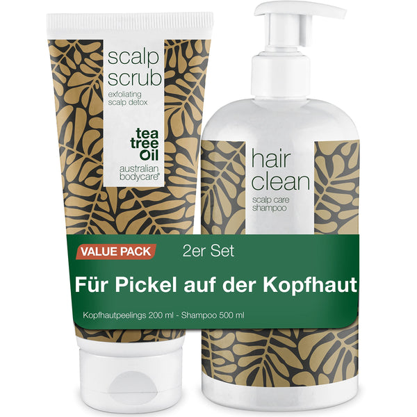 2 Produkte für fettige Haaren | Ein Tiefenreinigendes Shampoo mit Teebaumöl in einer Größe von 500 ml und ein Kopfhautpeeling in einer Größe von 200 ml, das überschüssigen Talg und Bakterien entfernt