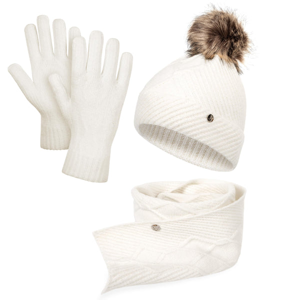 HEYO Damen Mütze Schal Handschuhe, Winter-Accessoires Set, Strickmütze mit Bommel HZ0012 (Ecru)