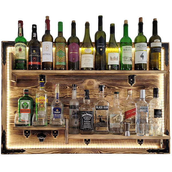 weeco Hängendes Regal an der Wand LED Beleuchtung, rustikale Wandbar, Wandregal, Wandregal für Whisky, rustikaler Alkohol, Gin, Whisky-Wandregal, Alkoholständer, Weinstand, Wandbarregal, Weinstand