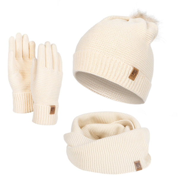 HEYO Damen Wintermütze Schlauchschal Handschuhe Set Winter Gestrickte Warme Mütze mit Schal und Winterhandschuhen | HZ0003 (Beige)