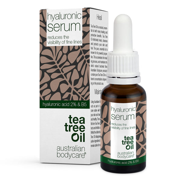 Hyaluron serum für gesichtspflege mit Teebaumöl - 30 ml, Hyaluronsäure 2% und Vitamin B5 serum für feine Fältchen und trockene Haut | 100 % Vegan Australian Bodycare