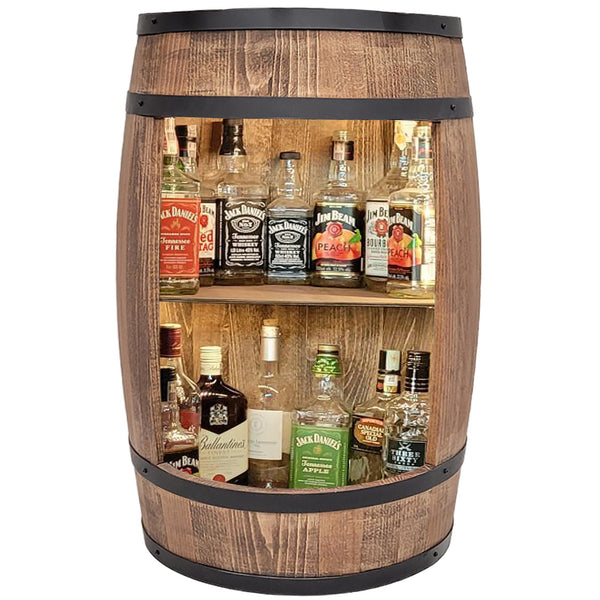 WEECO Bar Schränk LED Beleuchtung, Weinregal Weinschrank 80x50cm. Fass Vintage deko Wohnzimmer. Minibar Gin Whisky Bier. Weinfass Stehtisch. Holzfass für Gläser und Flaschen. Wine Rack geschenkset.