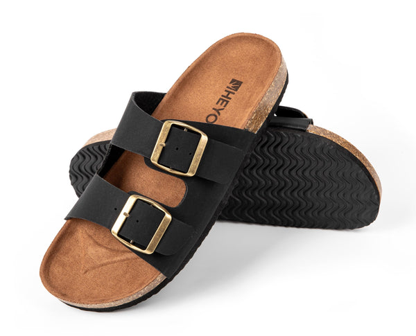 HEYO Pantoletten Herren Damen Sandalen Bequeme Hausschuhe Unisex Kork Badelatschen mit verstellbaren Riemen (Schwarz, EU Schuhgrößensystem, Erwachsene, Numerisch, M, 36)