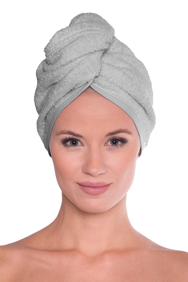 Sophie Bernard ZOE Kopfhandtuch Haar-Turban 100% Frottee für alle Damen und Haartypen. Kopftuch mit Knopf. Haartuch saugfähig und schnell trocknend. Farbe: hell grau