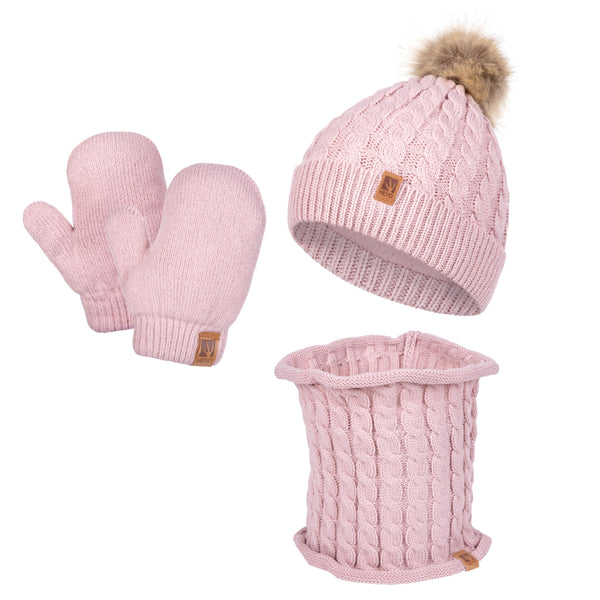 HEYO Kinder Winter Set Mütze gefüttert mit Fleece warm Schlauchschal Loopschal Handschuhe weich Bommelmütze Rundschal Kleinkinder Strickmütze Jungen Mädchen (Rosa)