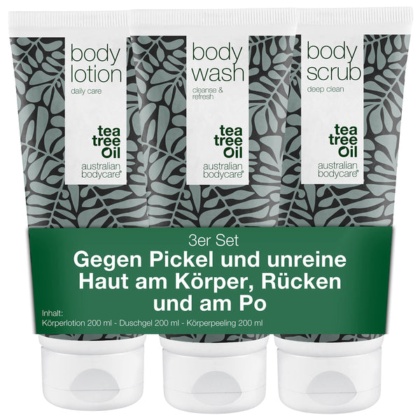 Australian Bodycare Set gegen Pickel auf dem Rücken | Teebaumöl Körperpeeling, Duschgel & Bodylotion bei unreiner Haut & gegen Pickel am Po | Auch gegen Juckreiz am ganzen Körper | 100% Vegan