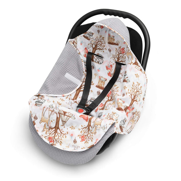 EliMeli Einschlagdecke für Babyschale 100% Baumwolle - Leichte Baby Decke für Autositz aus Waffelstoff und Baumwolle für den Sommer und Frühling, universal z.B. Maxi Cos (Grau - Waldfreunde)