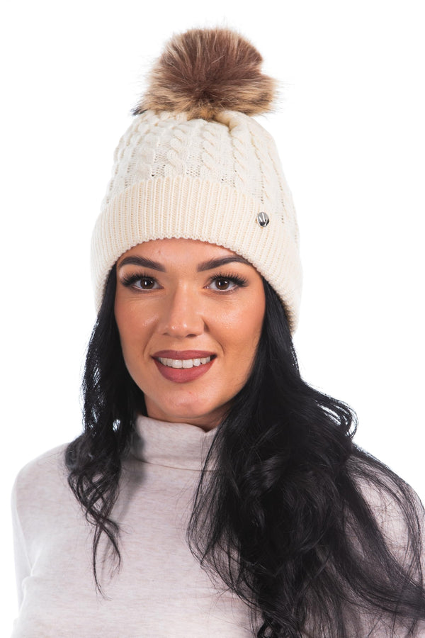 HEYO Damen Mütze mit Kunstfellbommel, Bommelmütze, Wintermütze mit Pompom, Warme Strickmütze Beanie für Winter HCD005 (DE/NL/SE/PL, Alphanumerisch, Einheitsgröße, Beige)