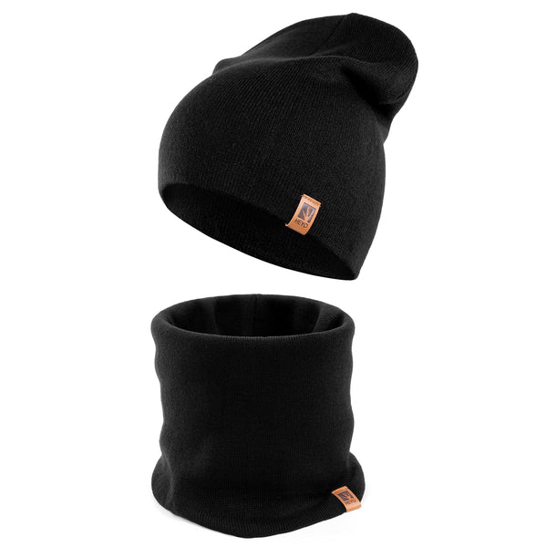 HEYO Mütze und Schal Set für Damen | Slouch Beanie mit Schlauchschal Warme Winter Mütze Schal HZ0005 (Schwarz)