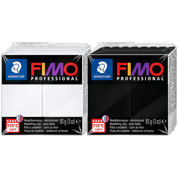 Staedtler FIMO Professional Oven Bake Polymer Modelliermasse, 85 g, Schwarz / Weiß, 2 Stück