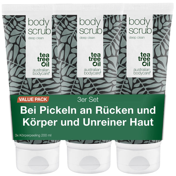 3x Körperpeeling 200ml mit Teebaumöl | Gegen Pickel, unreine Haut, eingewachsene Haare, Reibeisenhaut und Erdbeerbeine | 100% natürlich und vegan | Dermatologisch getestet