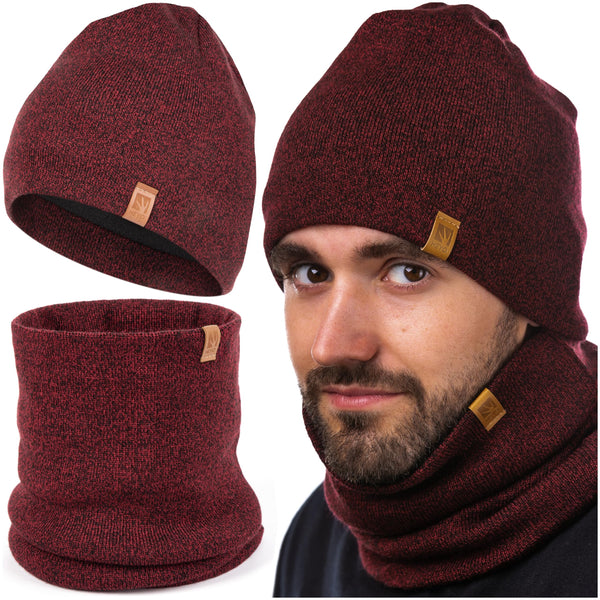 HEYO Herren Winterset Mütze Warme Strickmütze melliert Schlauchschal Rundschal Weiche Wintermütze Mit Thermo Fleece Gefüttert Loopschal Halswärmer 2er Set (Rot)