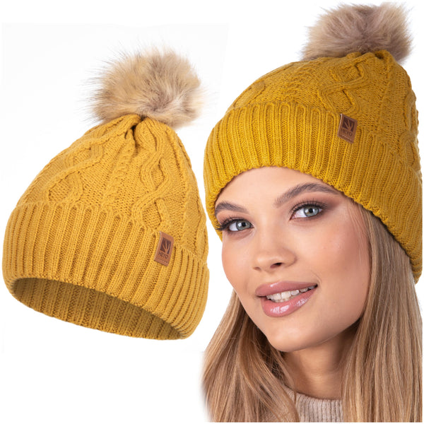 HEYO Damen Mütze Weiche Wintermütze mit Kunstfellbommel Leichte Bommelmütze Beanie Strickmütze gefüttert Mädels (Gelb)