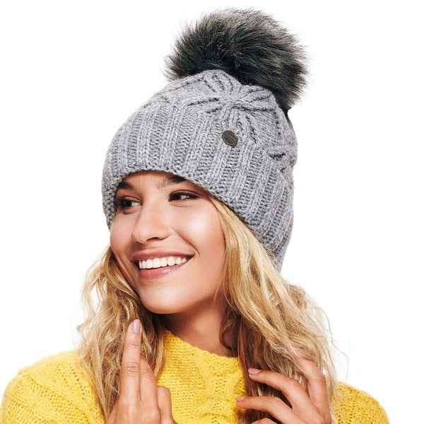 ELIMELI Damen Winter Mütze warme Strickmütze Wintermütze mit Bommel Slouch Strick Beanie Damen für Winter Bommelmütze Hergestellt in EU Farbenauswahl 19531 (Grau)