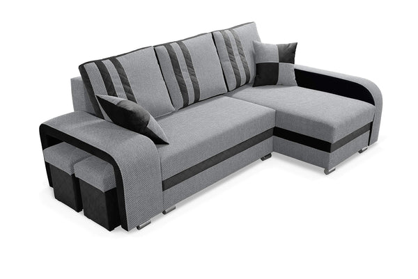 Robin York Ecksofa mit Schlaffunktion 2X Bettkasten 2X Kleine Kissen 2X Hocker Sofa L-Form Schlafsofa Freistehende Eckcouch Schlafcouch Wohnzimmermöbel Wohnlandschaft Rechts Schwarz Grau