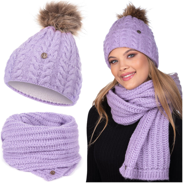 HEYO Damen Set Mütze Weiche Wintermütze mit Kunststoffbommel Leicht Winterschal Schal Halswärmer Bommelmütze Beanie Strickmütze gefüttert Winterset Damenschal (Lila)