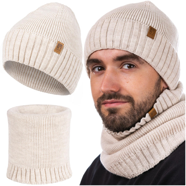 HEYO Beanie Herren Winter Set Mütze Warme Schlauchschal angenehme Strickmütze Wintermütze Weiche Übergangsmütze mit Bündchen Schal Rundschal Halswärmer 2er Set (Beige)