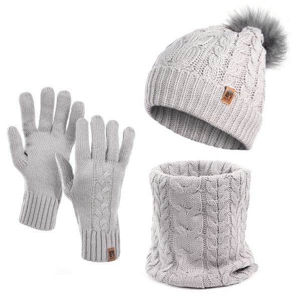 HEYO Damen Wintermütze Schlauchschal Handschuhe 3 teiliges Set | Warme Winter Mütze Schal Winterhandschuhe Beanie gefüttert HZ0004 (Grau)