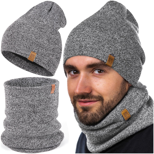 HEYO Herren Übergangsset Slouch Beanie Mütze Warme Strickmütze mellierter Schlauchschal Rundschal Weiche Übergangsmütze Herbst Loopschal Halswärmer 2er Set (Grau)